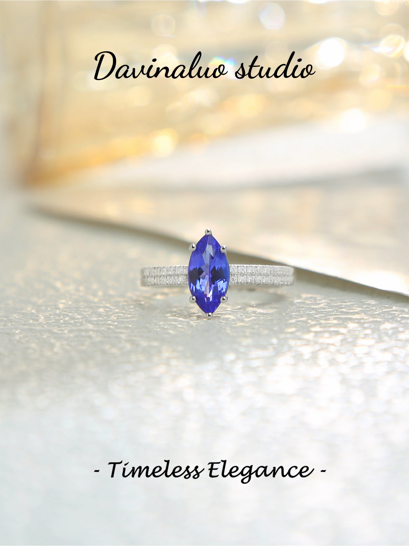 S925 Silver Natural Gorgeous Marquise Tanzanite and Double Row Moissanite Ring TSR032