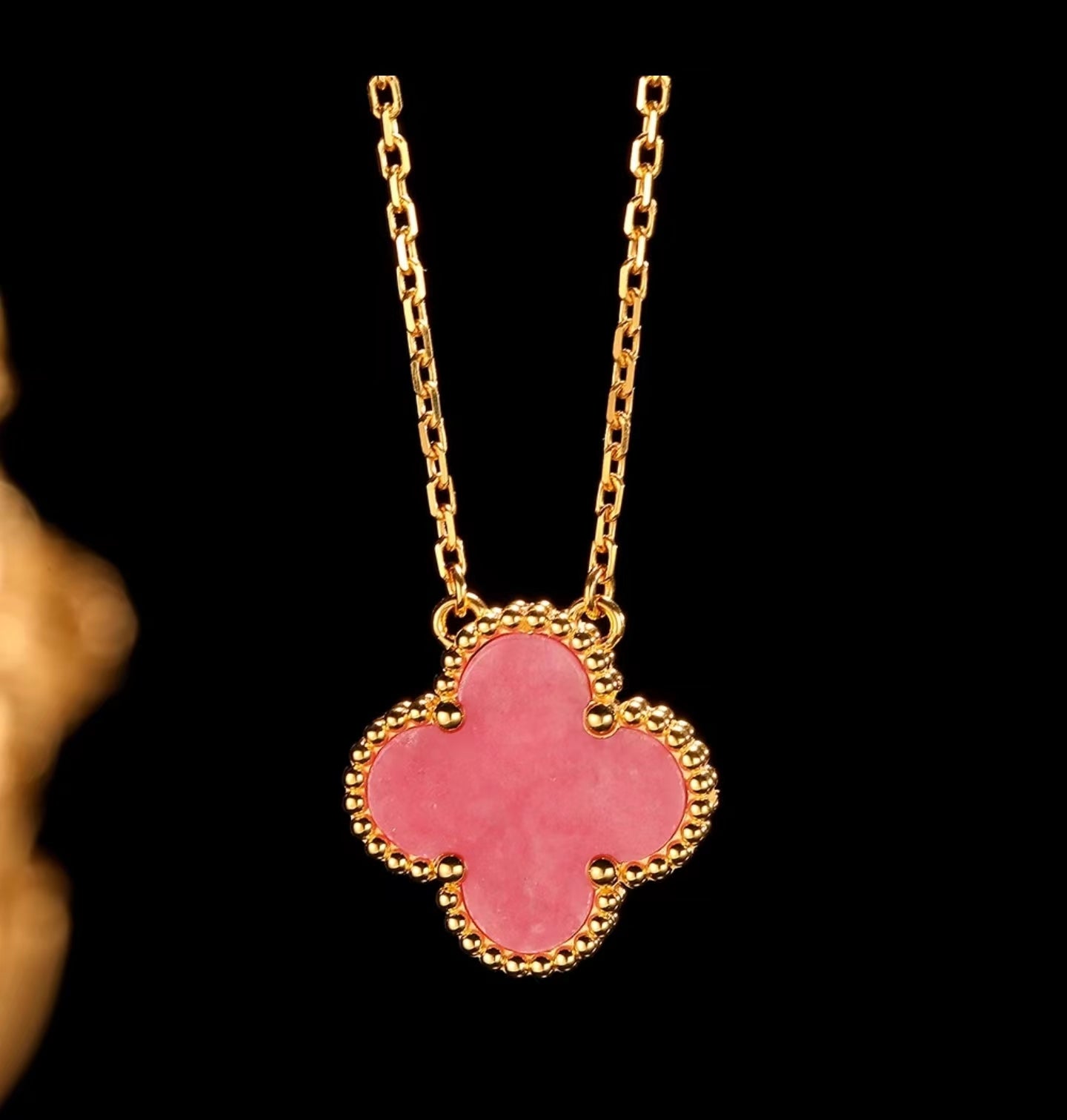 18K Gold Natural Rhodonite Clover Necklace GN001