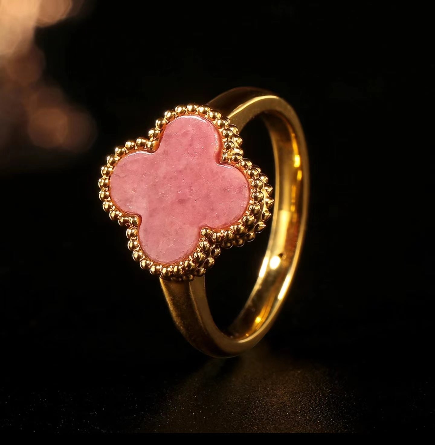 18K Gold Natural Rhodonite Clover Ring GR001