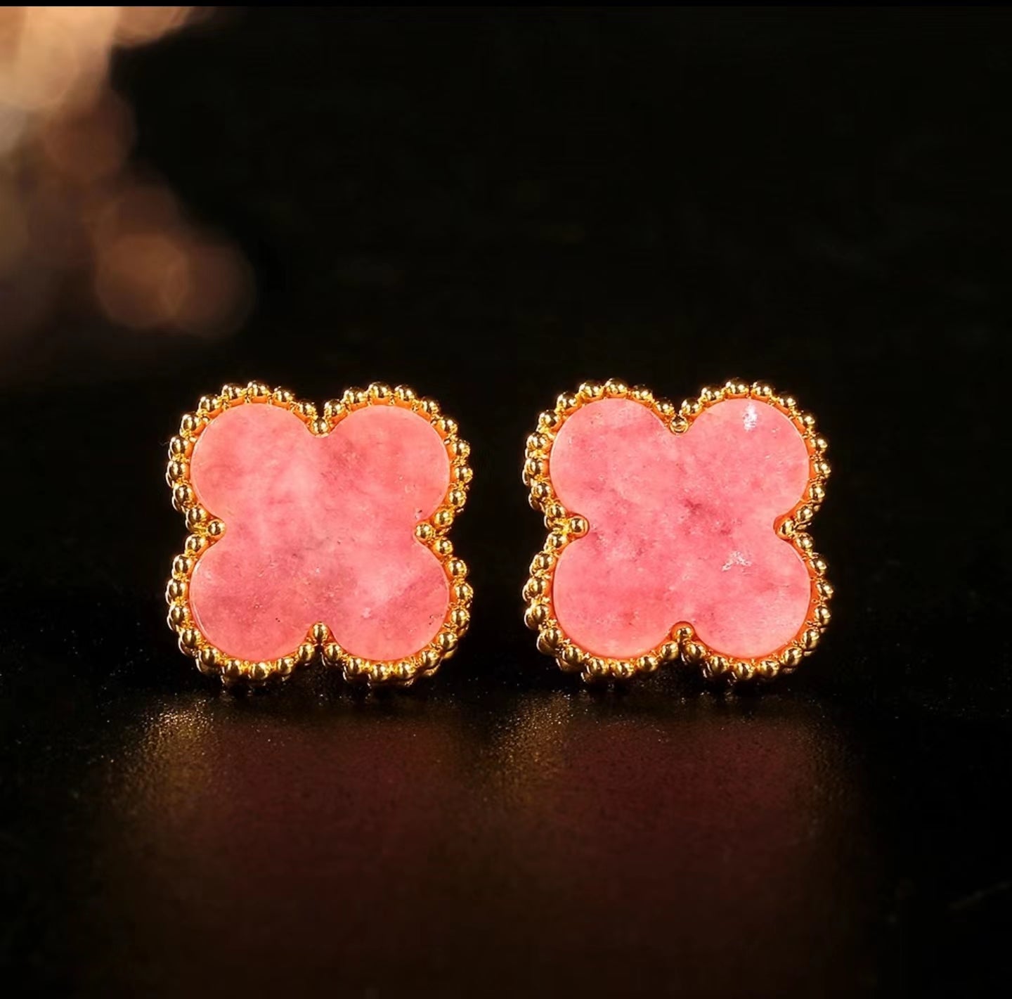 18K Gold Natural Rhodonite Clover Earring GE001