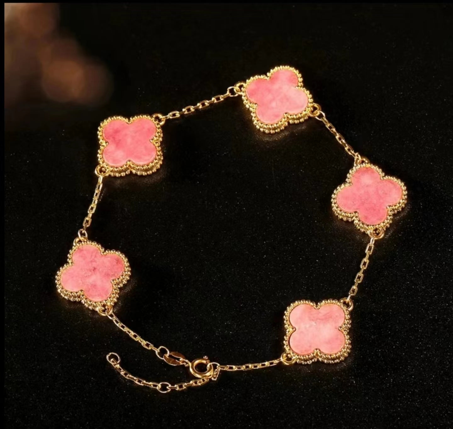 18K Gold Natural Rhodonite Clover Bracelet GB001