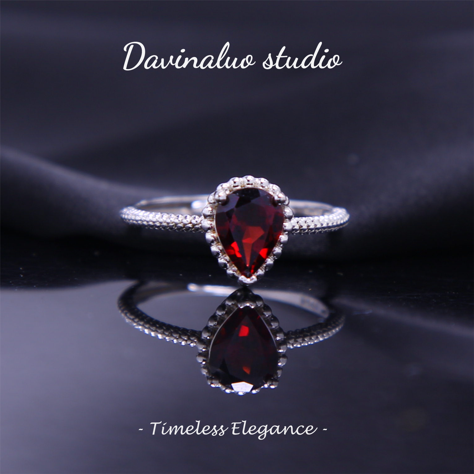 S925 Silver Natural Garnet Elegant Water Drop Ring SLSR018