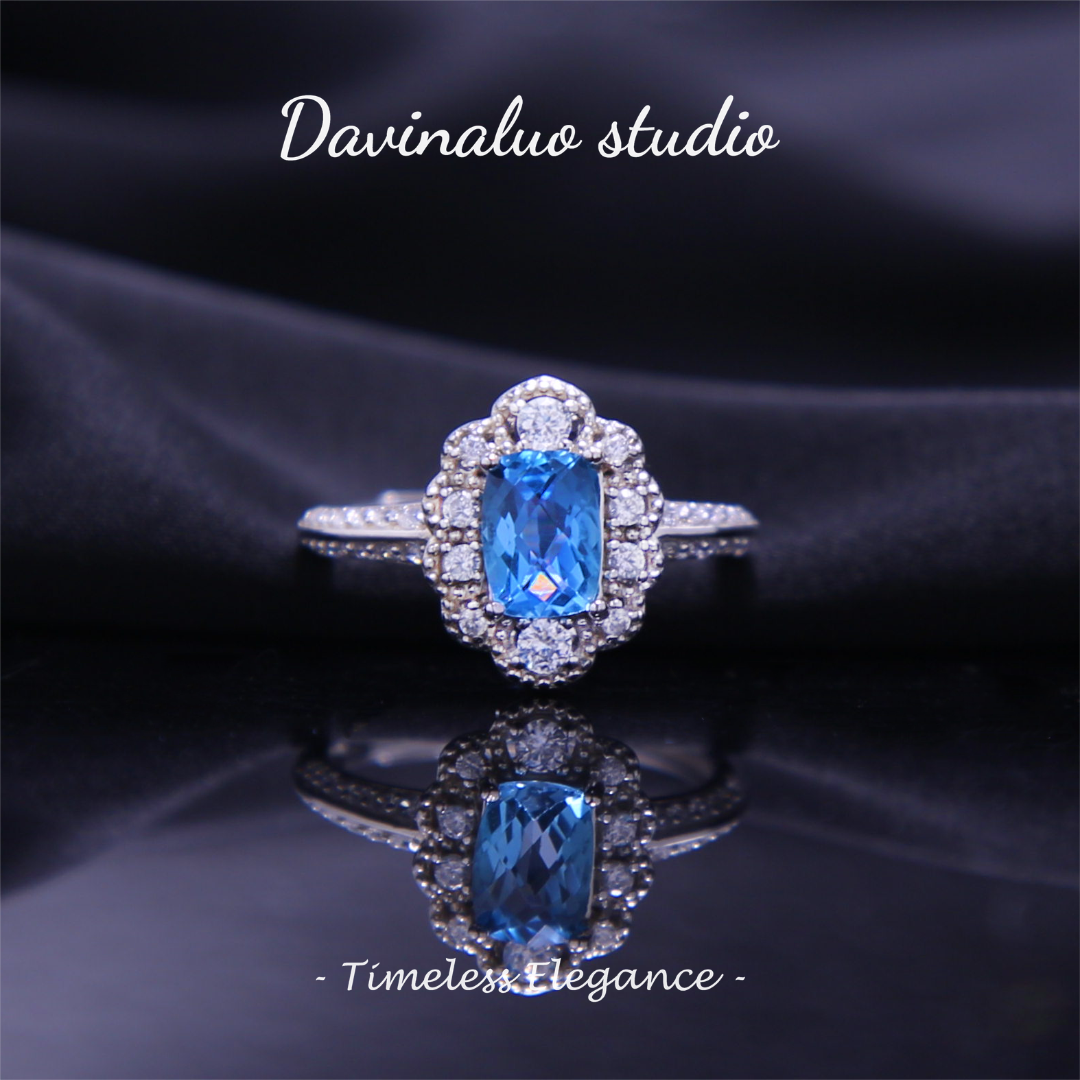 Bague bleu ciel en argent S925 avec topaze naturelle et diamants complets TPSR004