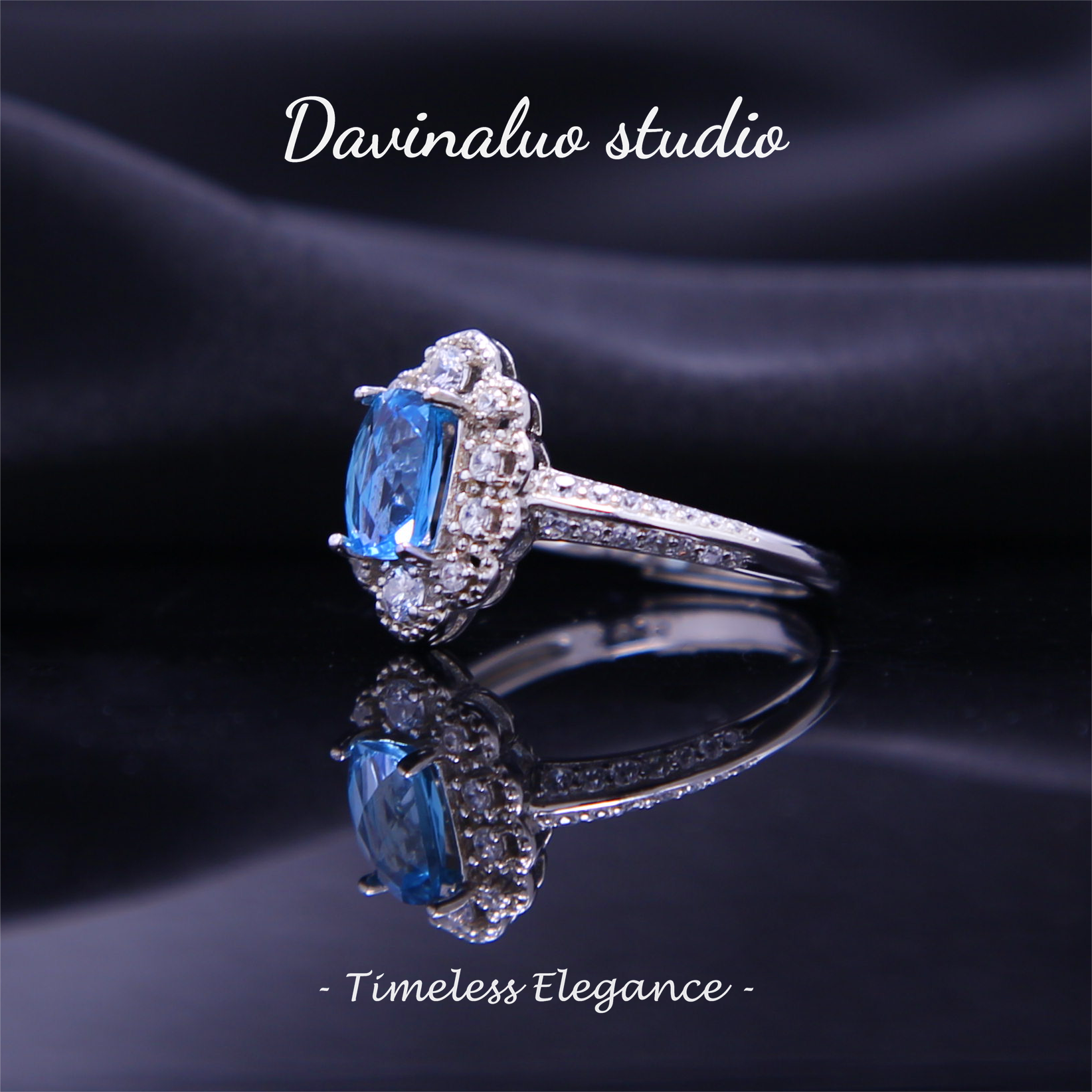 Bague bleu ciel en argent S925 avec topaze naturelle et diamants complets TPSR004