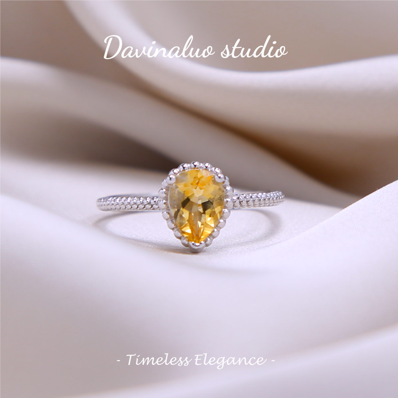 Bague goutte en argent S925, Citrine naturelle, HJR003