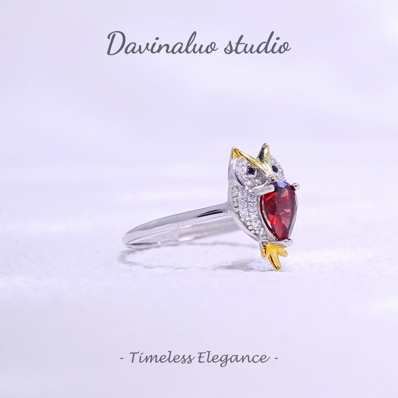 S925 Silver Natural Garnet Owl Ring SLSR006