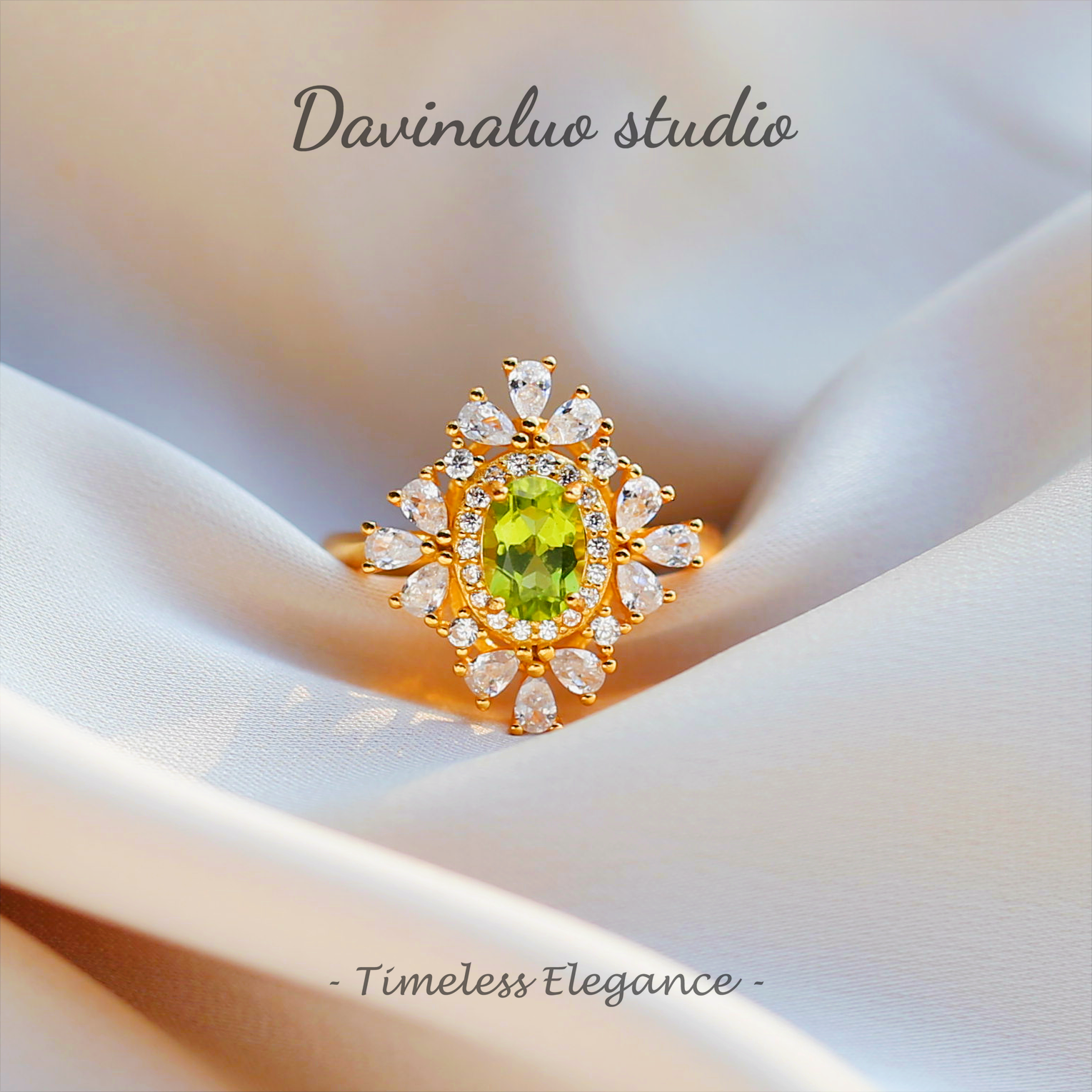 S925 Silver Natural Peridot Rhombus Sunflower Ring GLR017