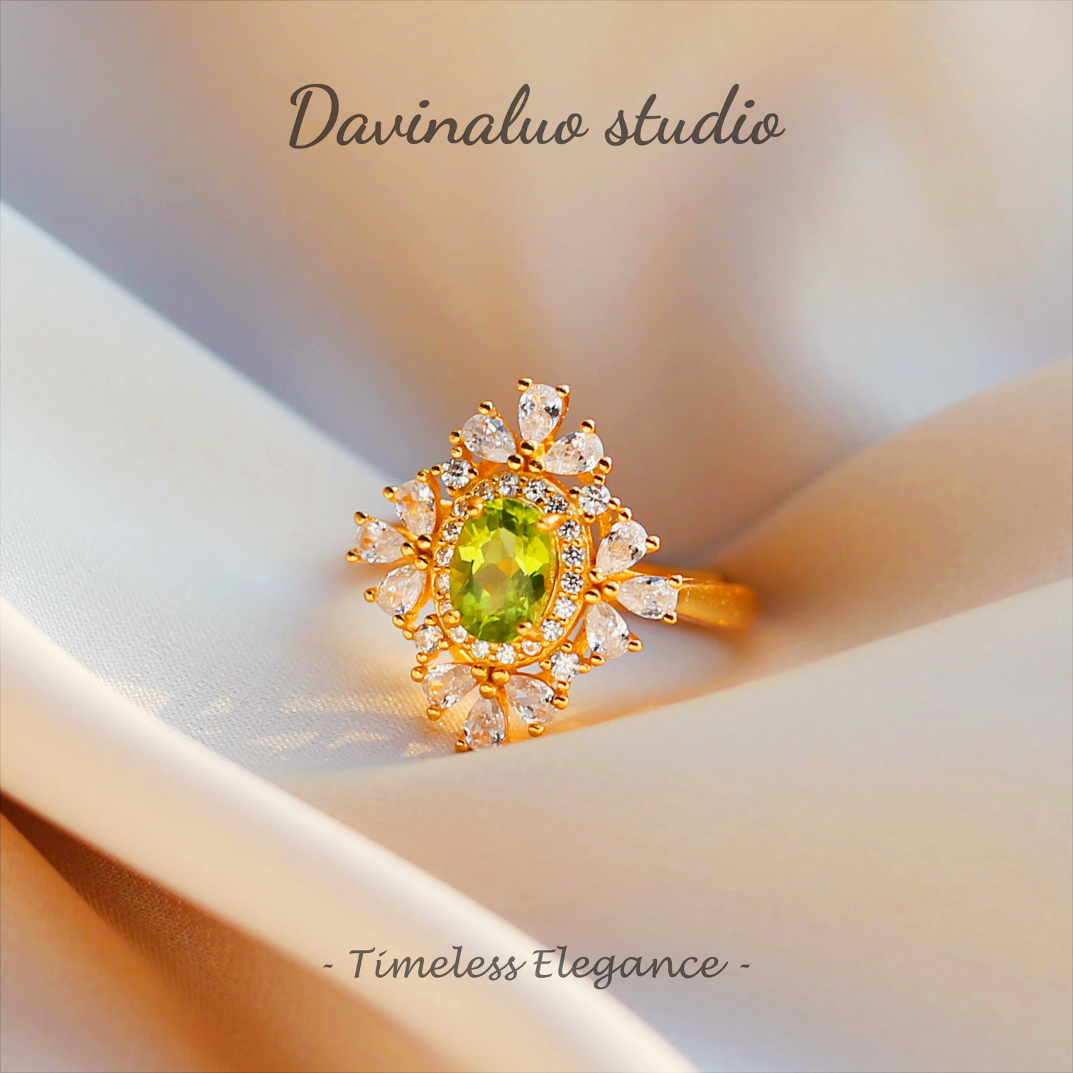 S925 Silver Natural Peridot Rhombus Sunflower Ring GLR017