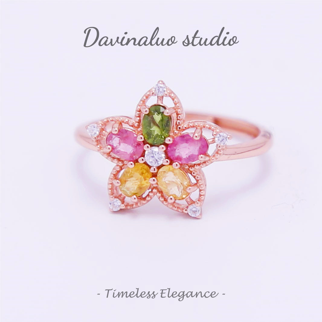 S925 Silver Natural Tourmaline Rainbow Flower Ring BXR012