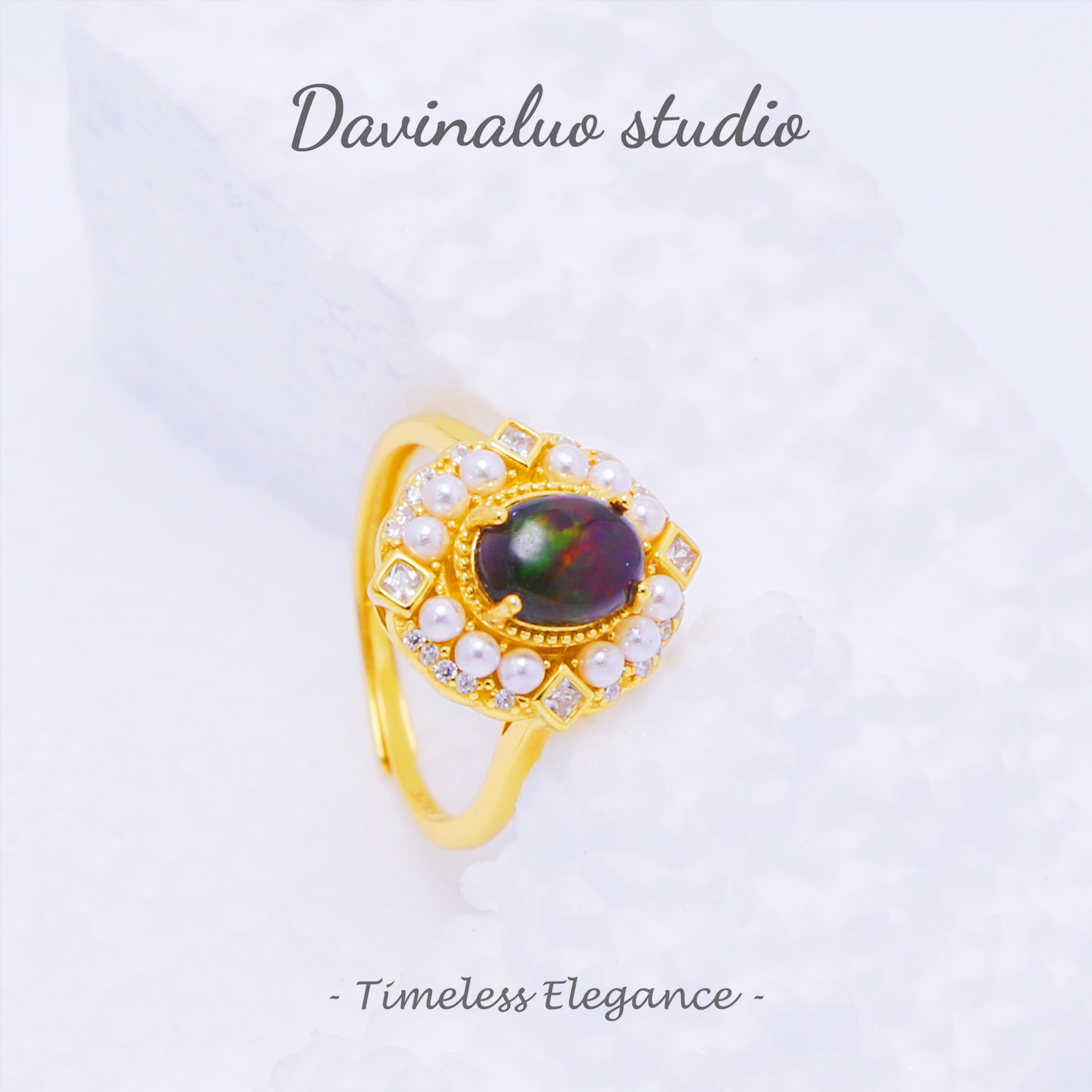 S925 Silver Natural Black Opal Light Luxury Flower Ring OBR003