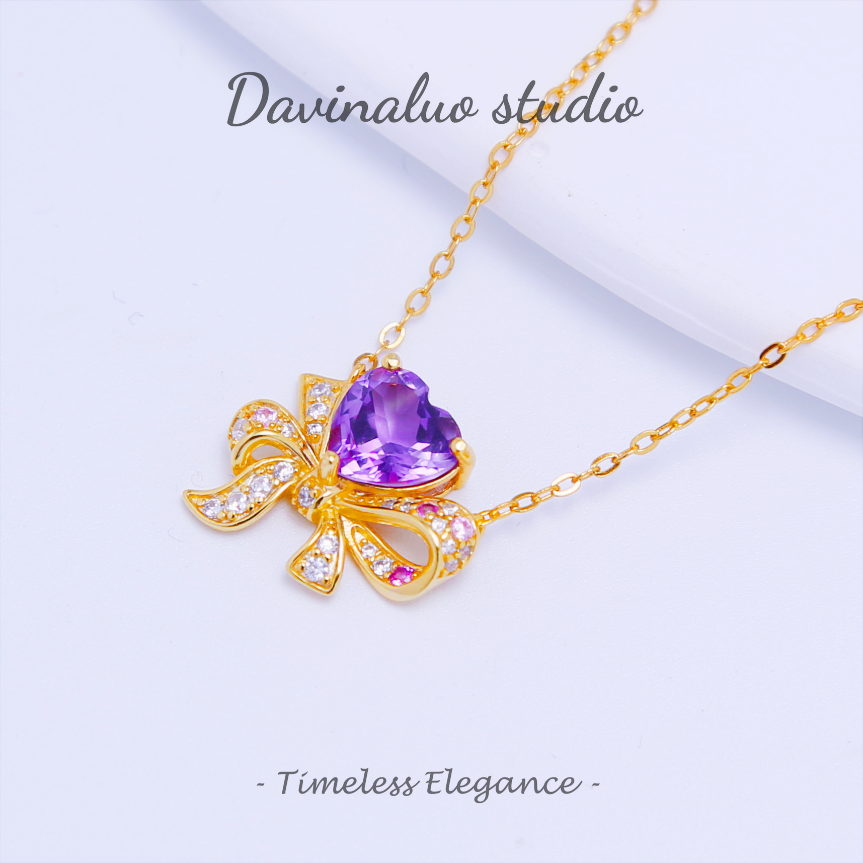 S925 Silver Natural Amethyst Bow Necklace ZJN004