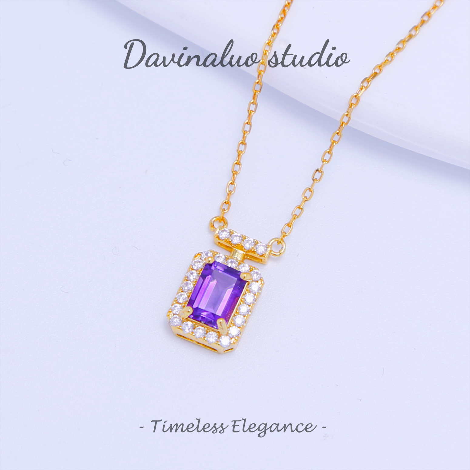 S925 Silver Natural Amethyst Square Cut Necklace ZJN002