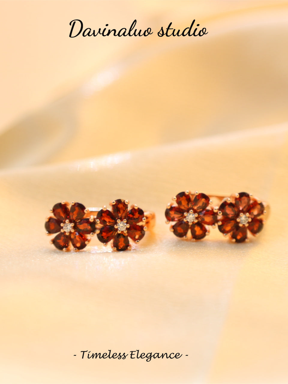 S925 Silver Garnet Double Flower Earrings