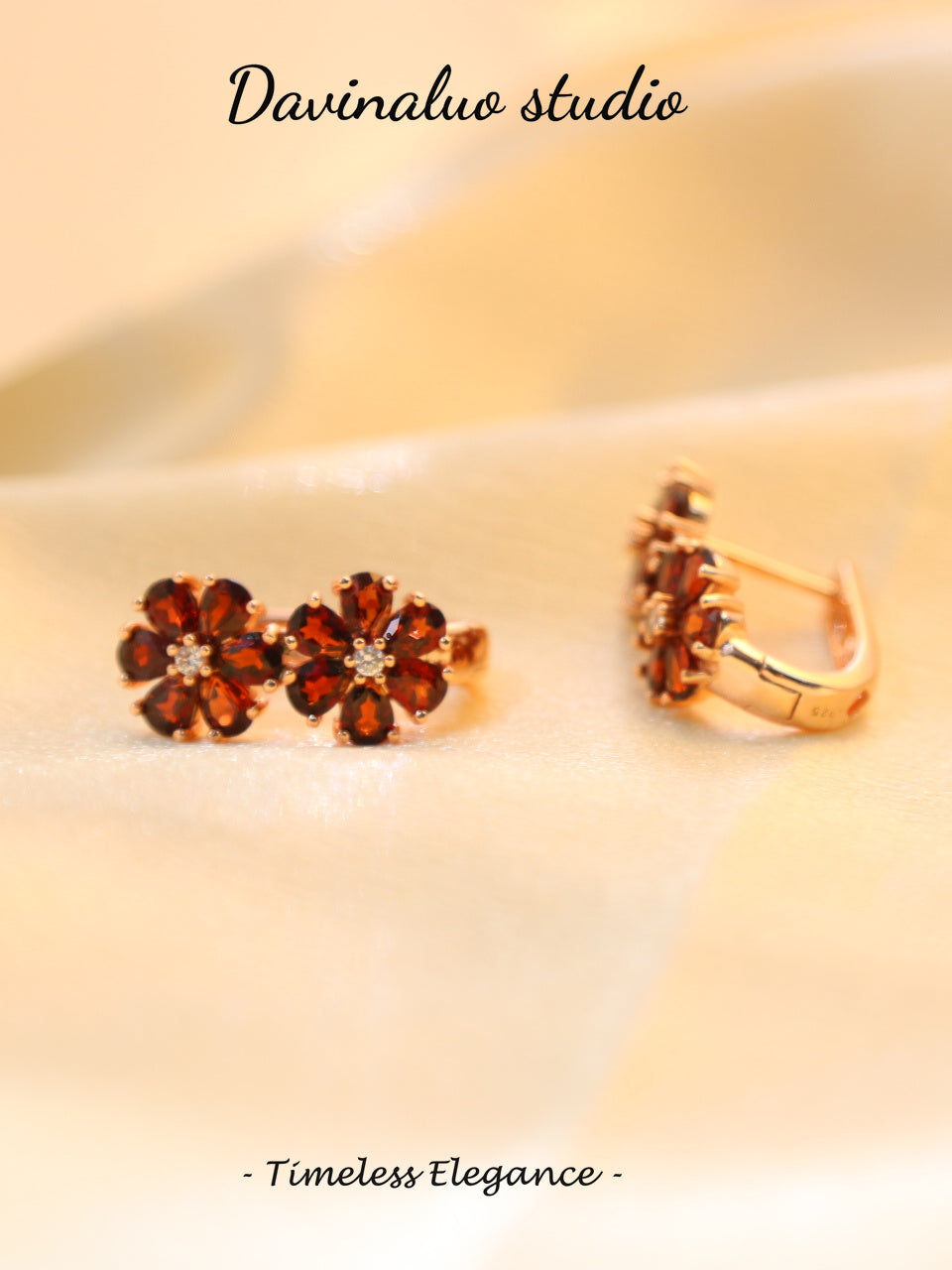 S925 Silver Garnet Double Flower Earrings