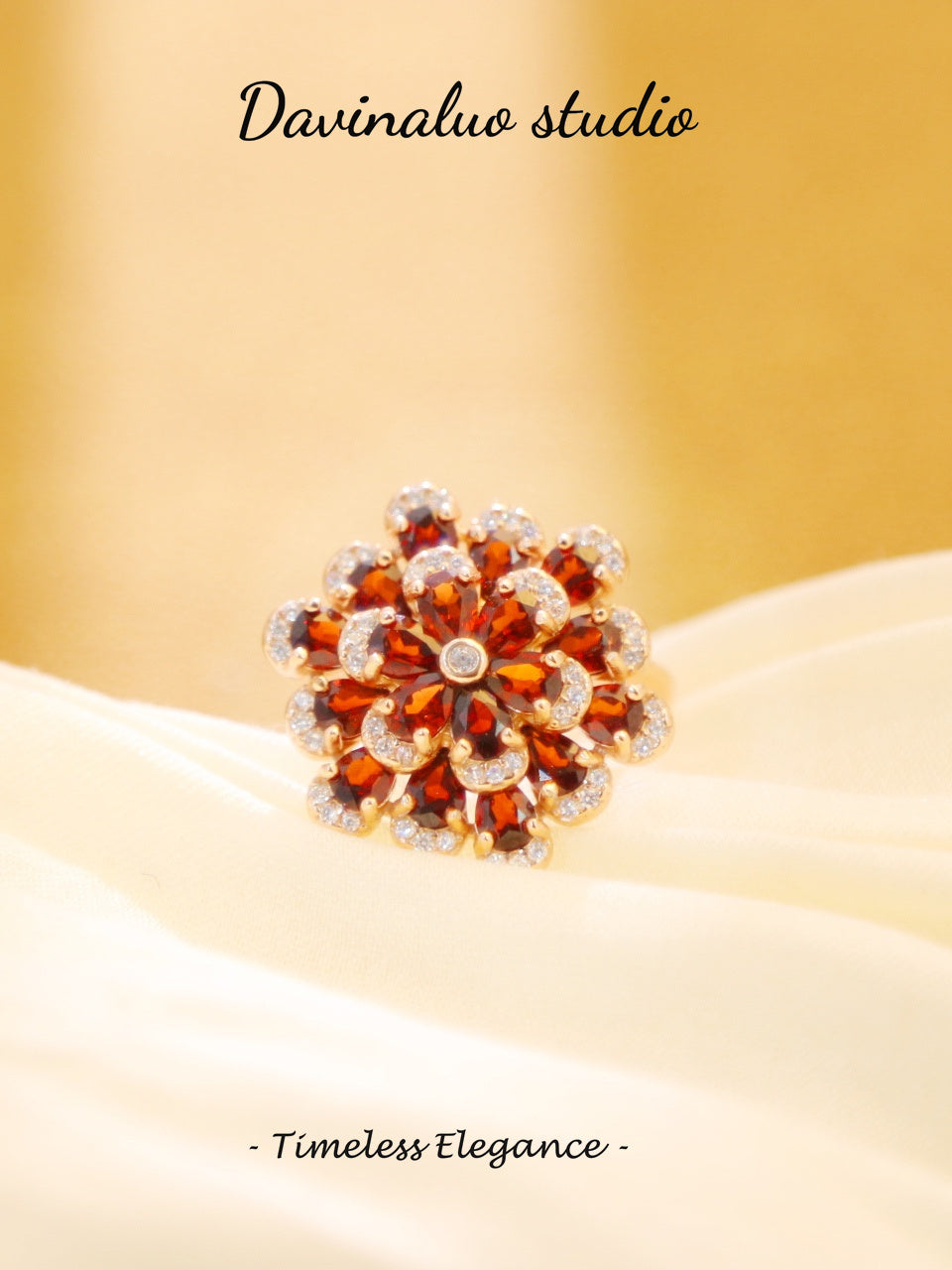 S925 Silver Garnet Flower Ring