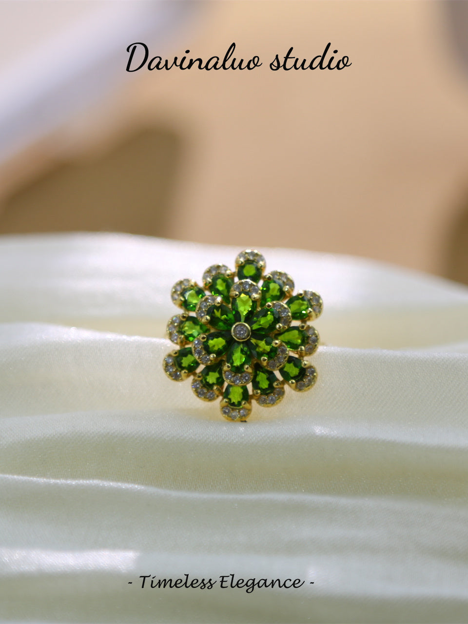 S925 Silver Diopside Flower Ring