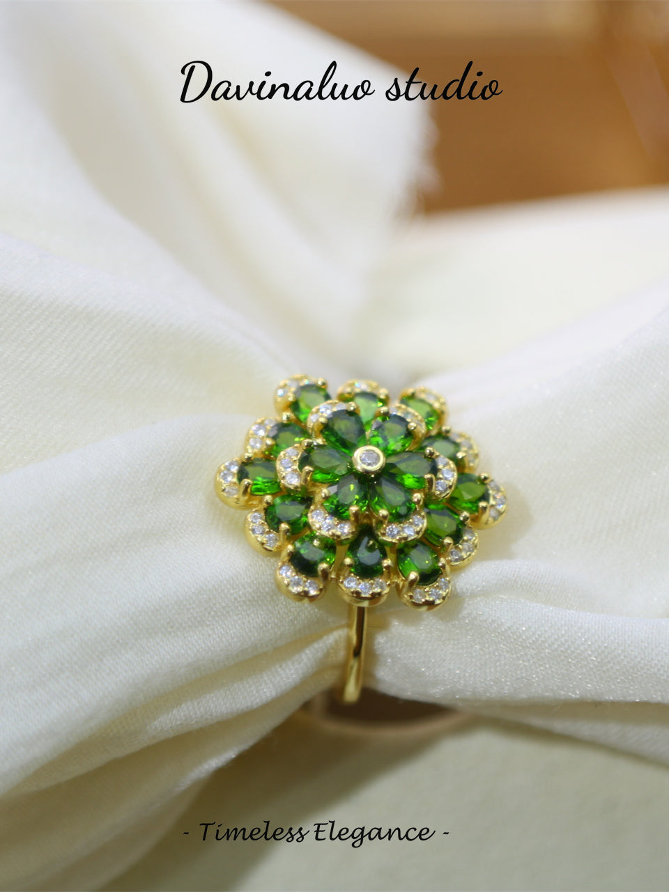 S925 Silver Diopside Flower Ring