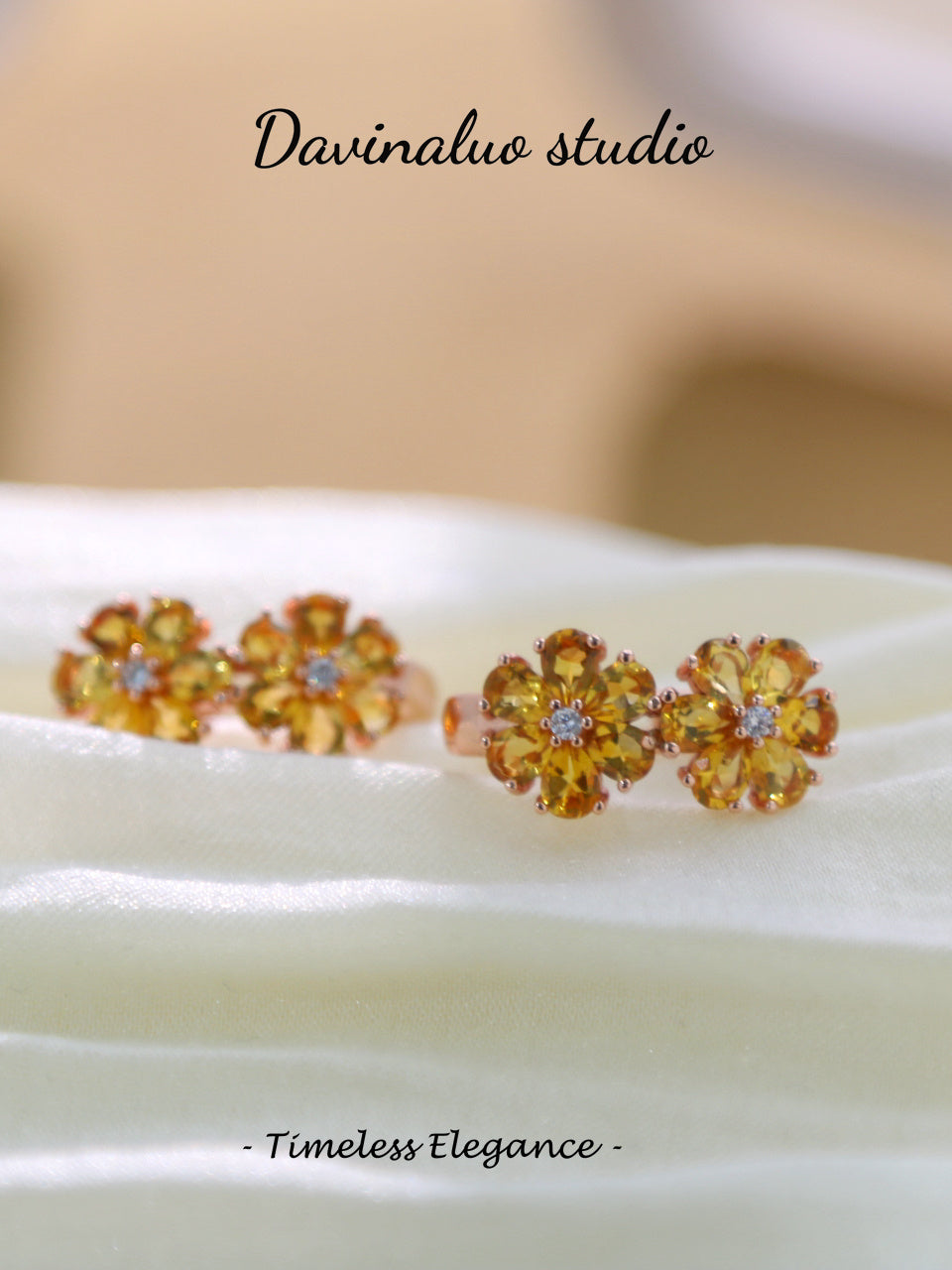 S925 Silver Citrine Double Flower Earrings