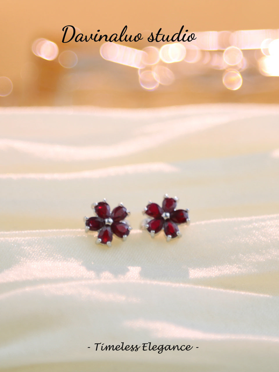 S925 Silver Ruby Flower Stud Earrings