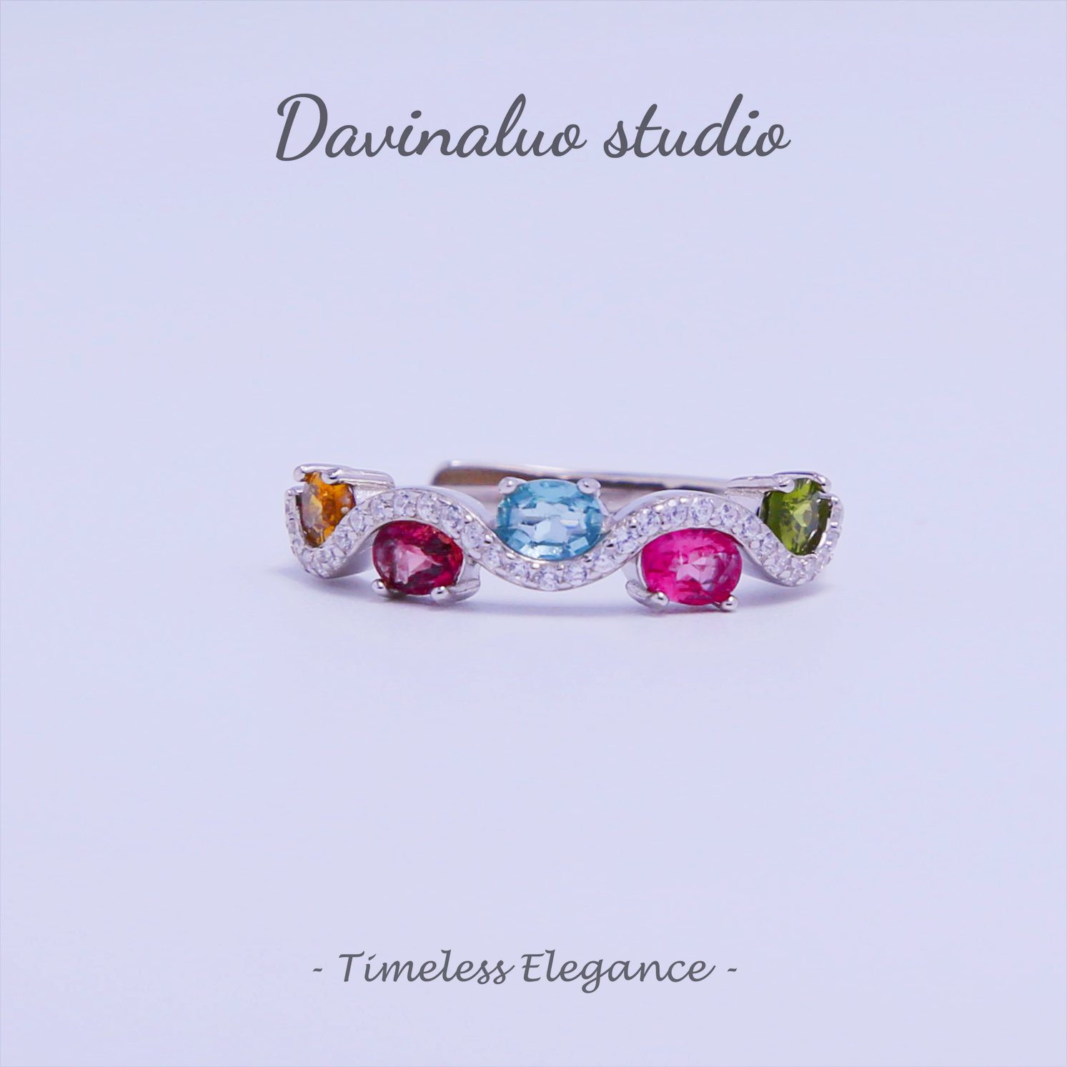 Bague en argent S925, Tourmaline naturelle, motif ondulé arc-en-ciel, BXR013