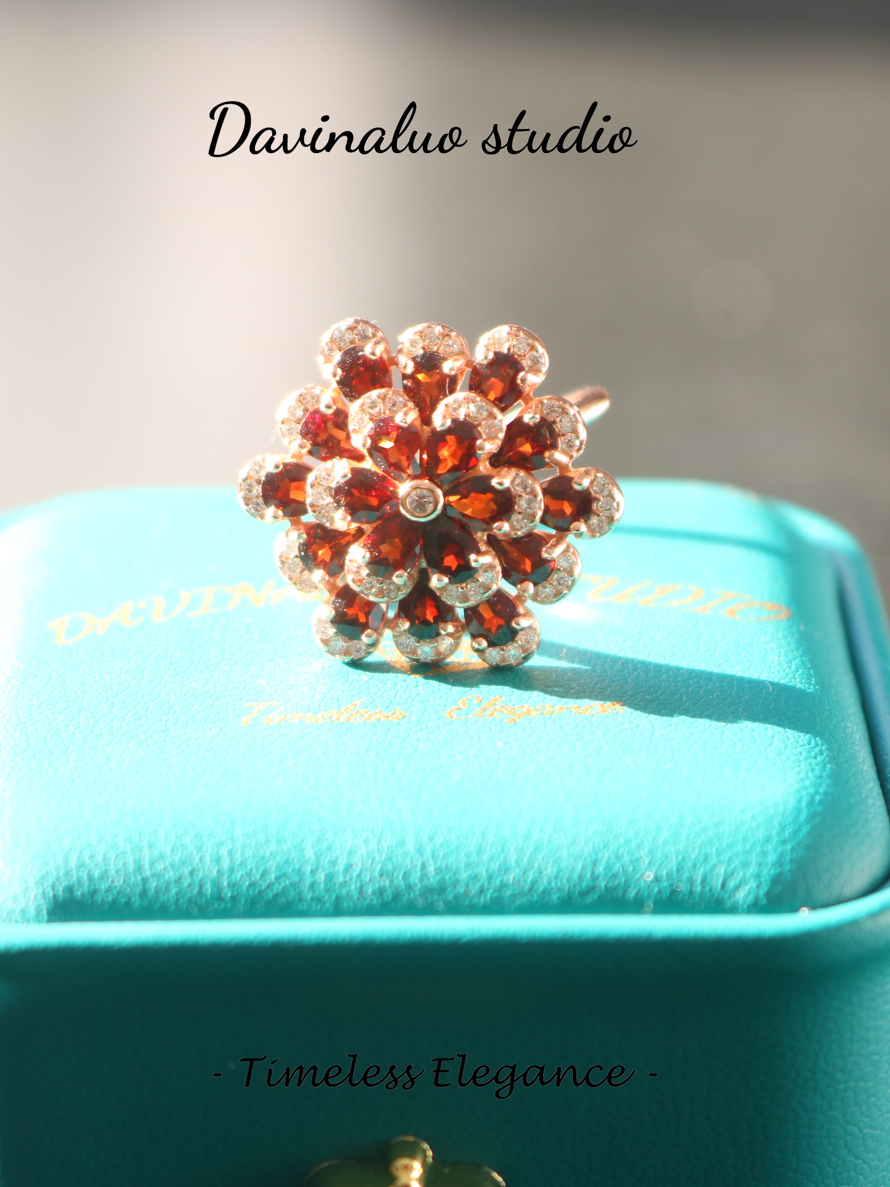 925 Sterling Silver Garnet Flower Ring