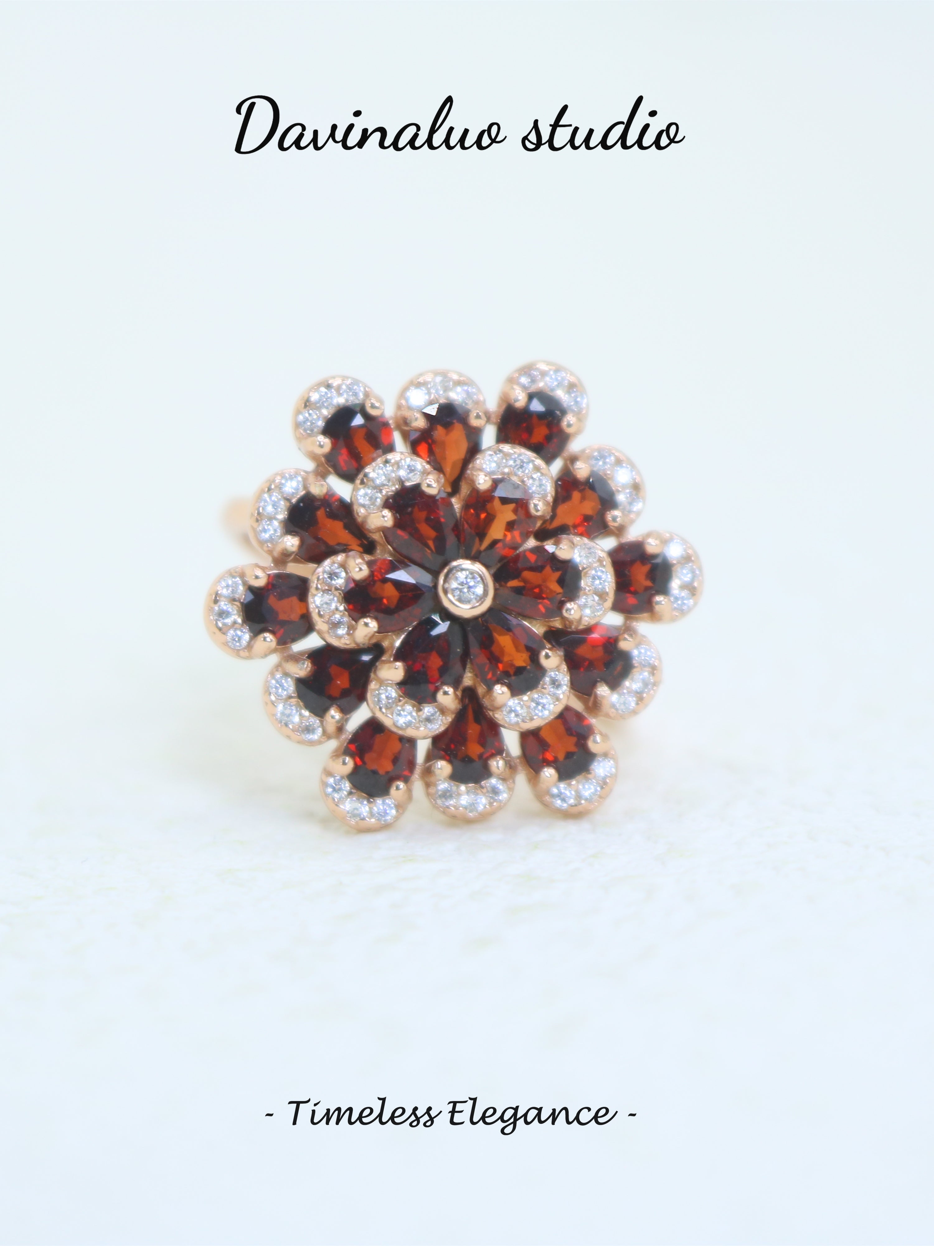 925 Sterling Silver Garnet Flower Ring