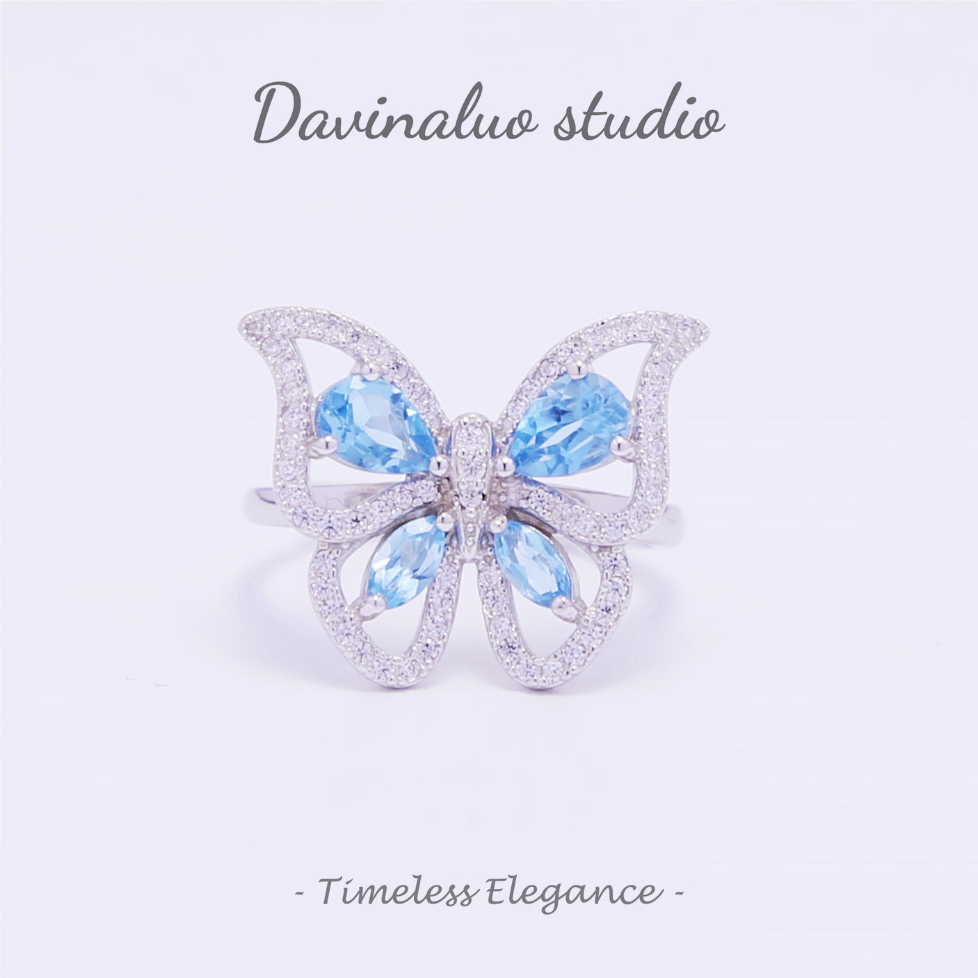 Bague papillon bleue en argent S925, topaze naturelle, TPSR019