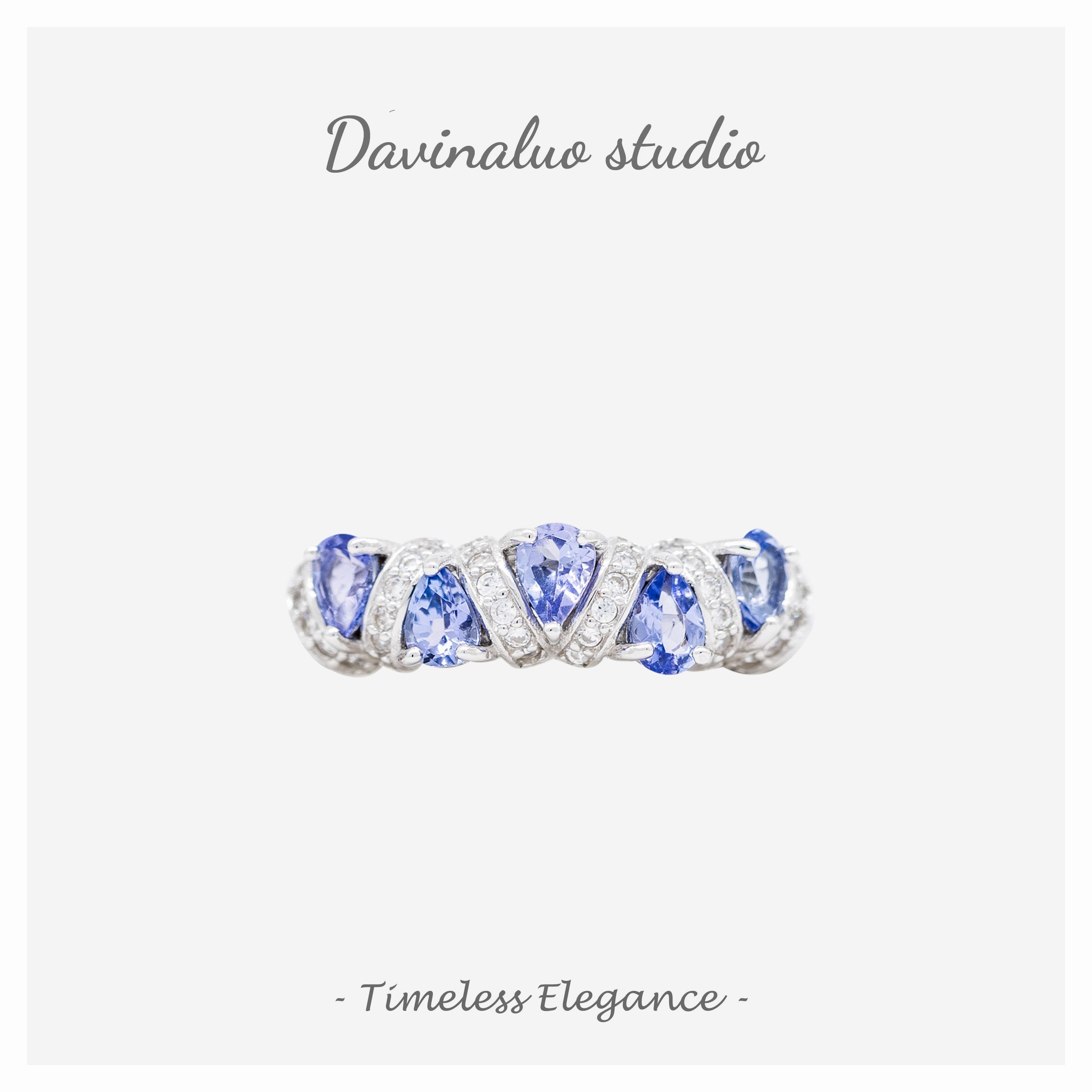 Bague en argent S925, Tanzanite naturelle, rangée de poire, 5 pierres précieuses, 2040