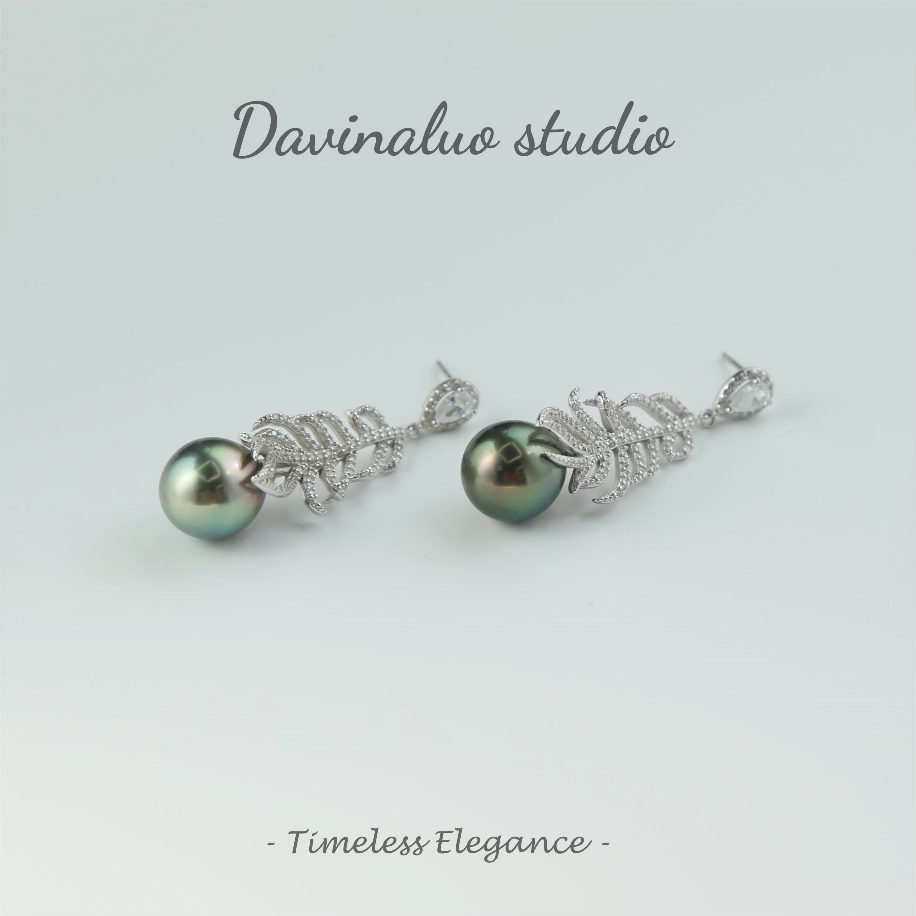 Boucles d'oreilles fantaisie en argent S925, eau de mer naturelle, perle noire verdâtre, en forme de plume, haute brillance, grande taille 9-10mm, HSH102212