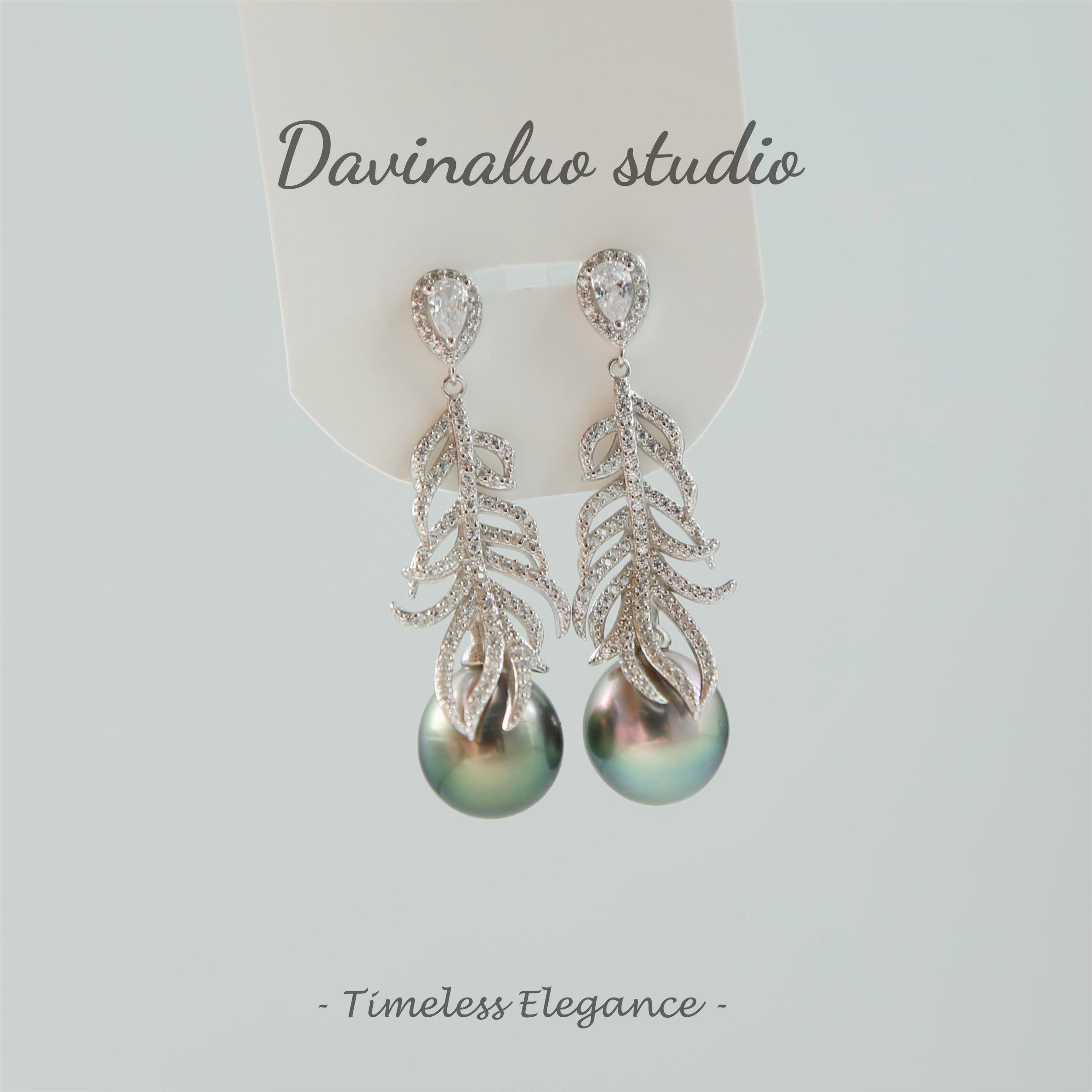 Boucles d'oreilles fantaisie en argent S925, eau de mer naturelle, perle noire verdâtre, en forme de plume, haute brillance, grande taille 9-10mm, HSH102212