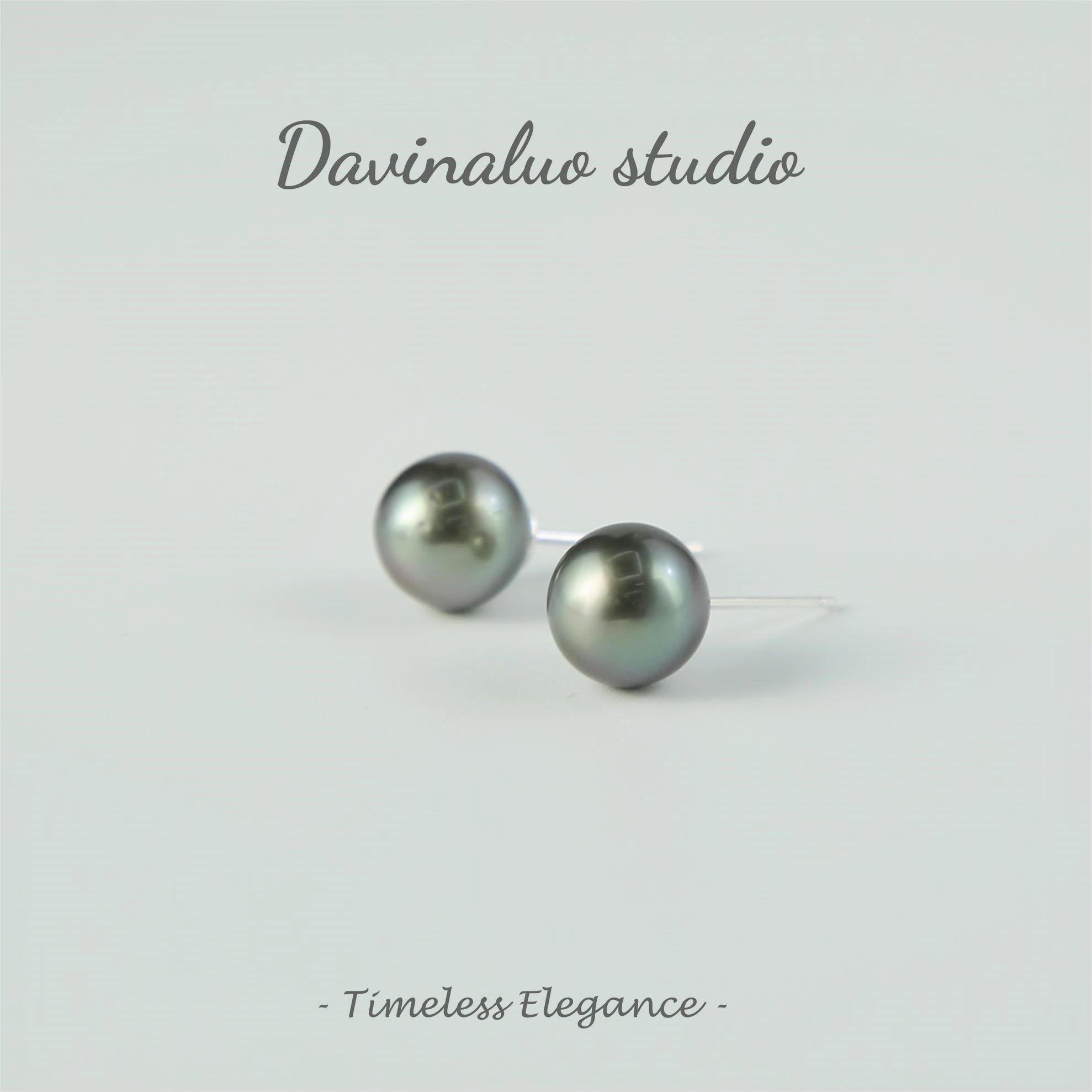 Boucles d'oreilles simples en argent S925, eau de mer naturelle, perle noire verdâtre de Tahiti, haute brillance, grande taille 9-10mm, HSH102201