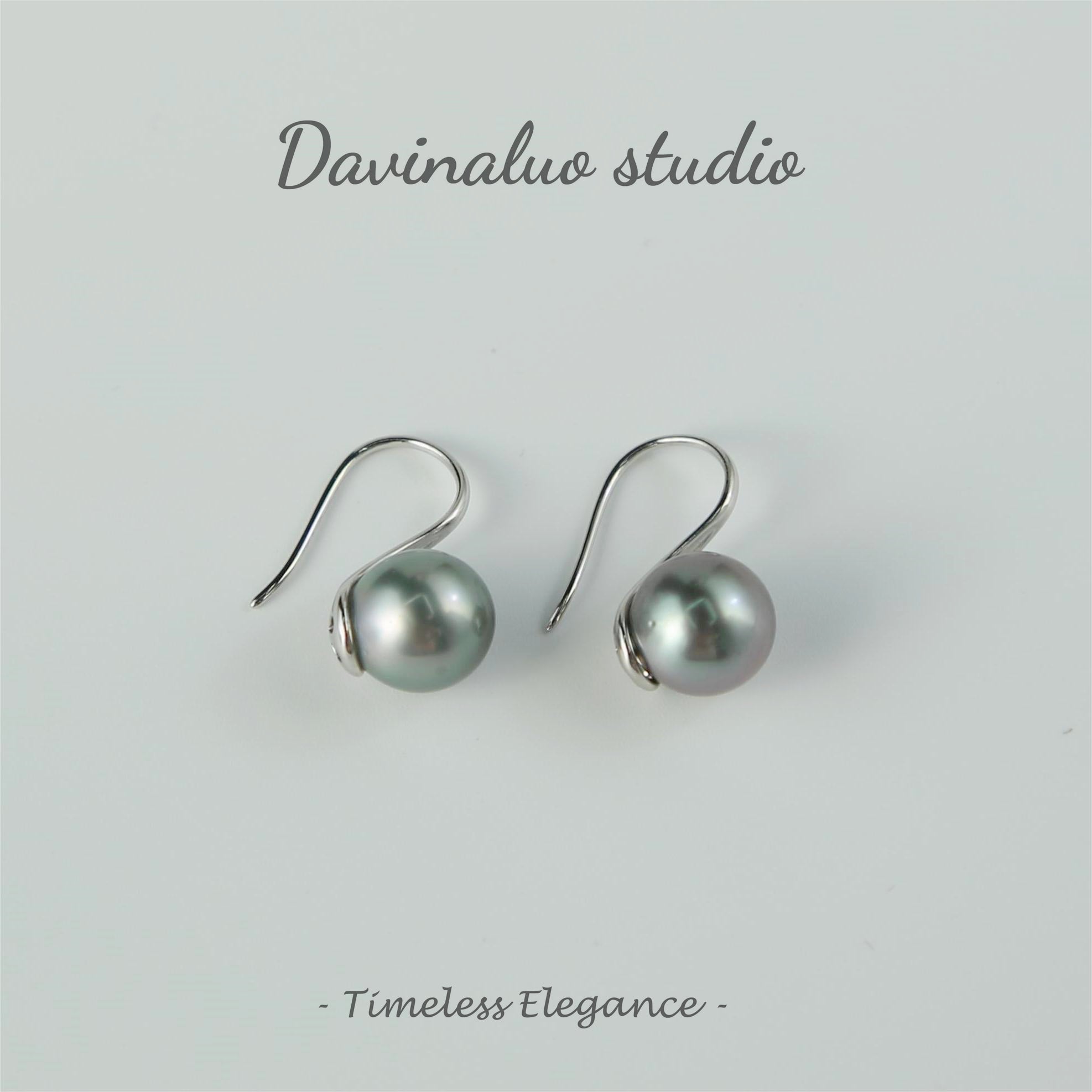 Boucles d'oreilles simples en argent S925, eau de mer naturelle, perle noire verdâtre de Tahiti, haute brillance, grande taille 9-10mm, HSH102202