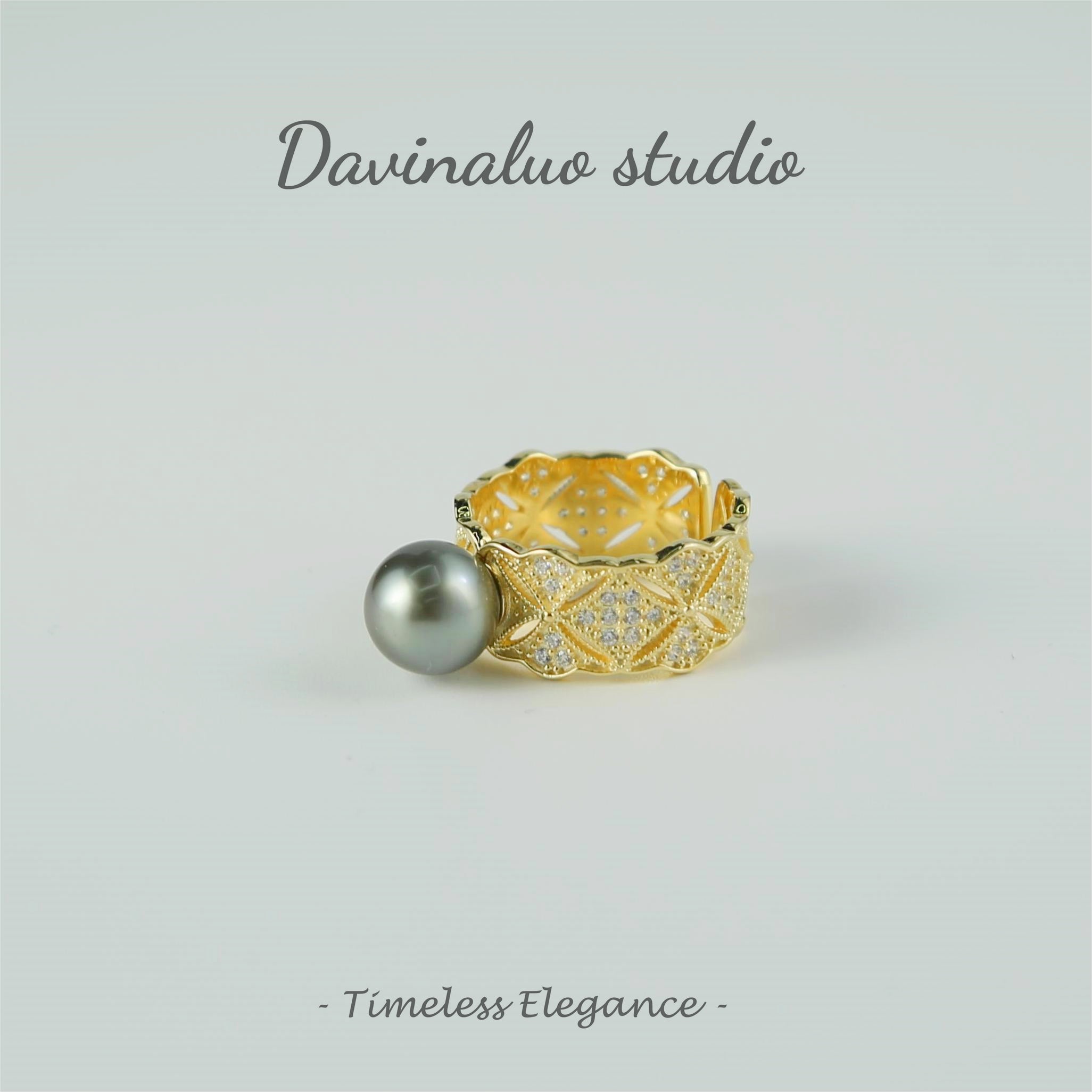 Bague en argent S925, perle d'eau de mer naturelle, dentelle dorée, haute brillance, grande taille 9-10mm, HSH102223