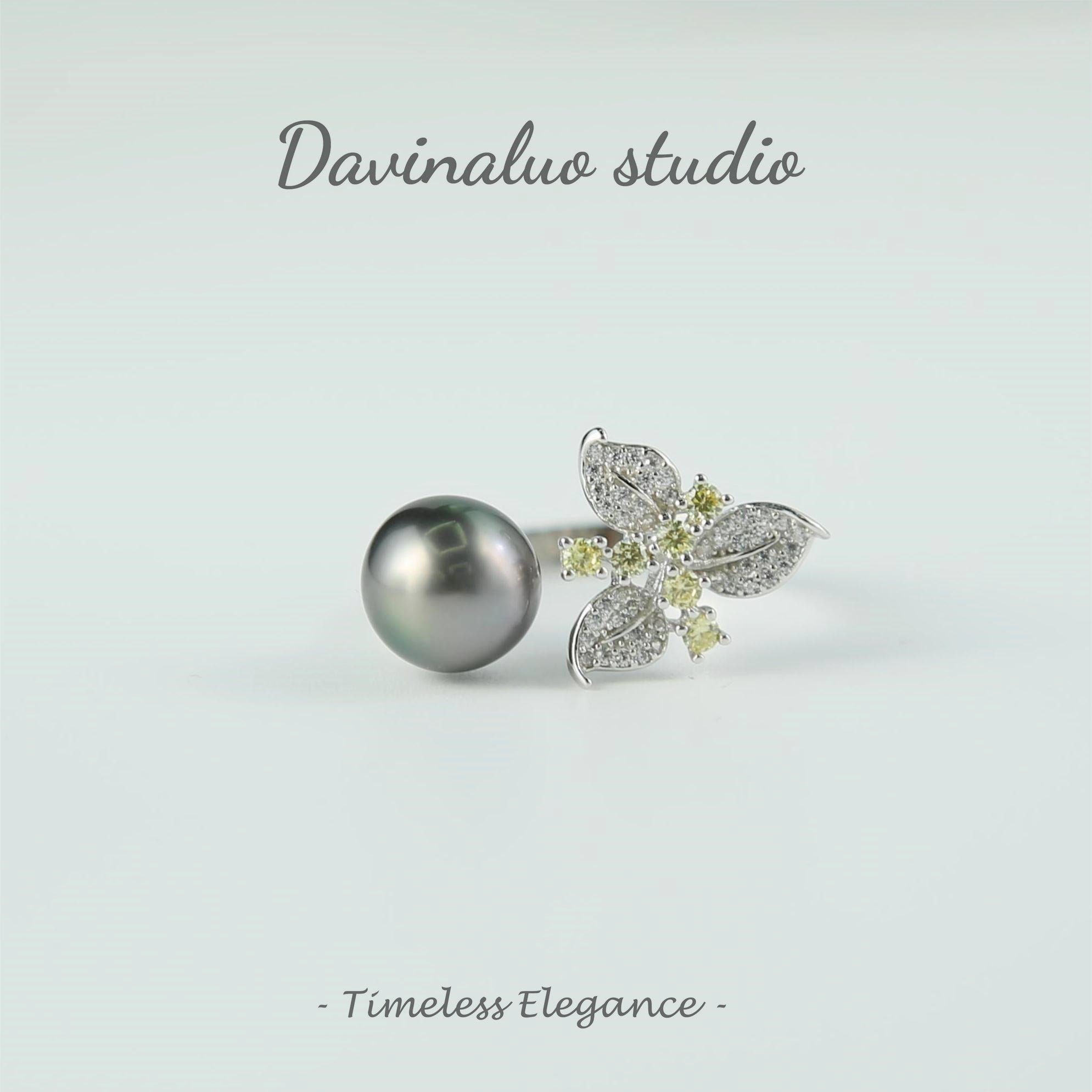 Bague élégante en argent S925, eau de mer naturelle, perle noire verdâtre de Tahiti, fleur, haute brillance, grande taille 9-10mm, HSH102221