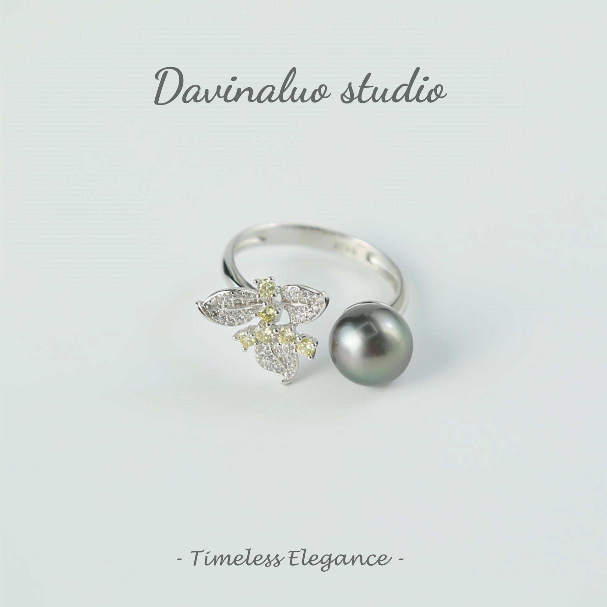 Bague élégante en argent S925, eau de mer naturelle, perle noire verdâtre de Tahiti, fleur, haute brillance, grande taille 9-10mm, HSH102221